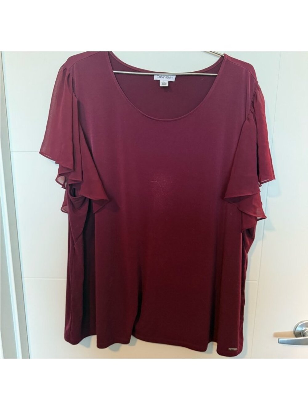 Red Flutter Sleeve Blouse with Ruffled Design